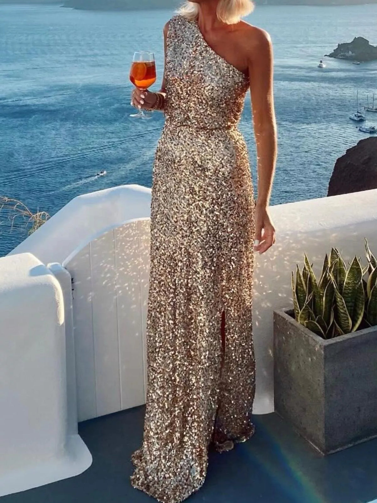 Sequin One-Shoulder Slit Maxi Dress - Lilixa.store