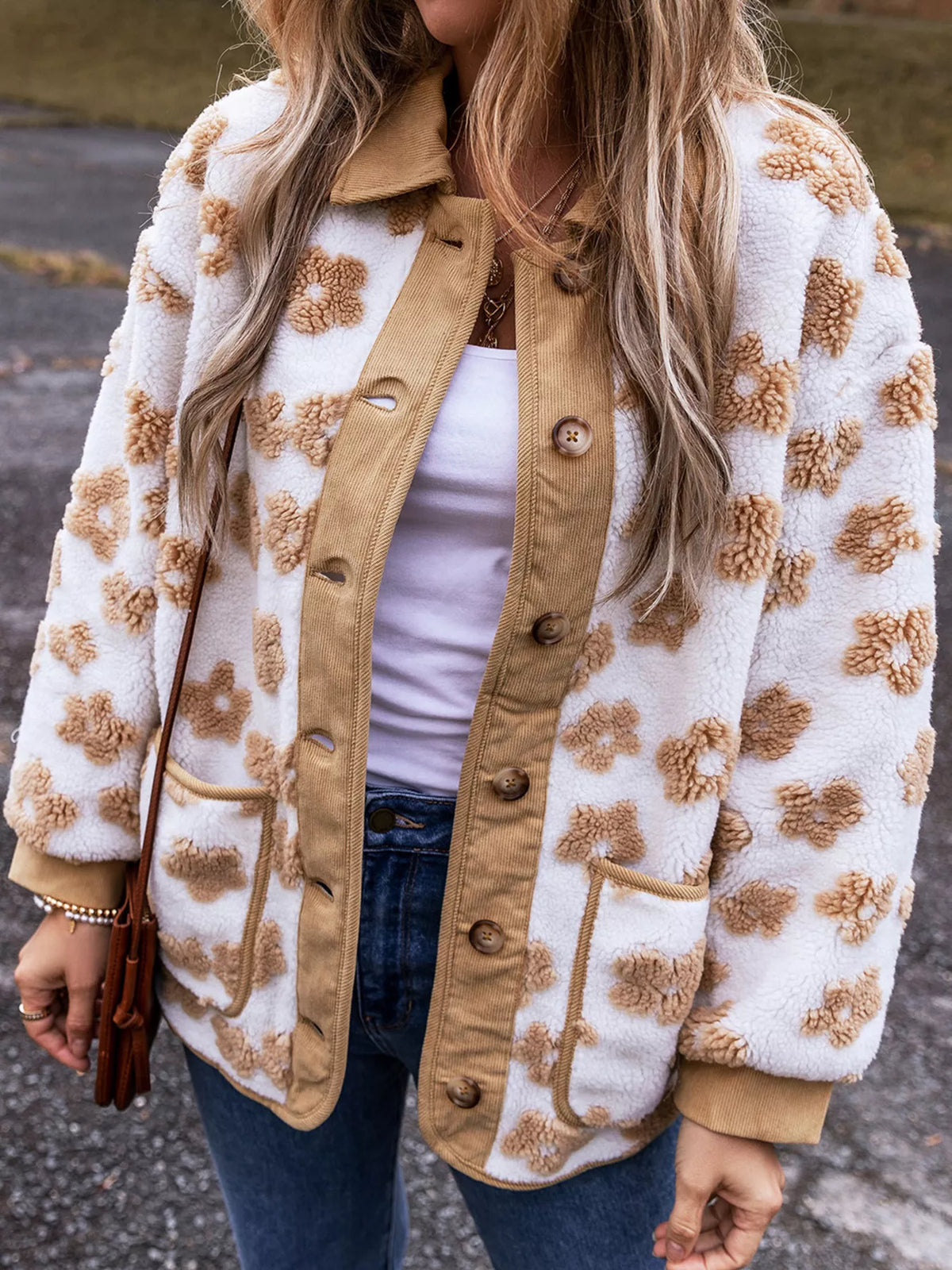 Flower Pattern Button Up Fleece Jacket - Lilixa.store