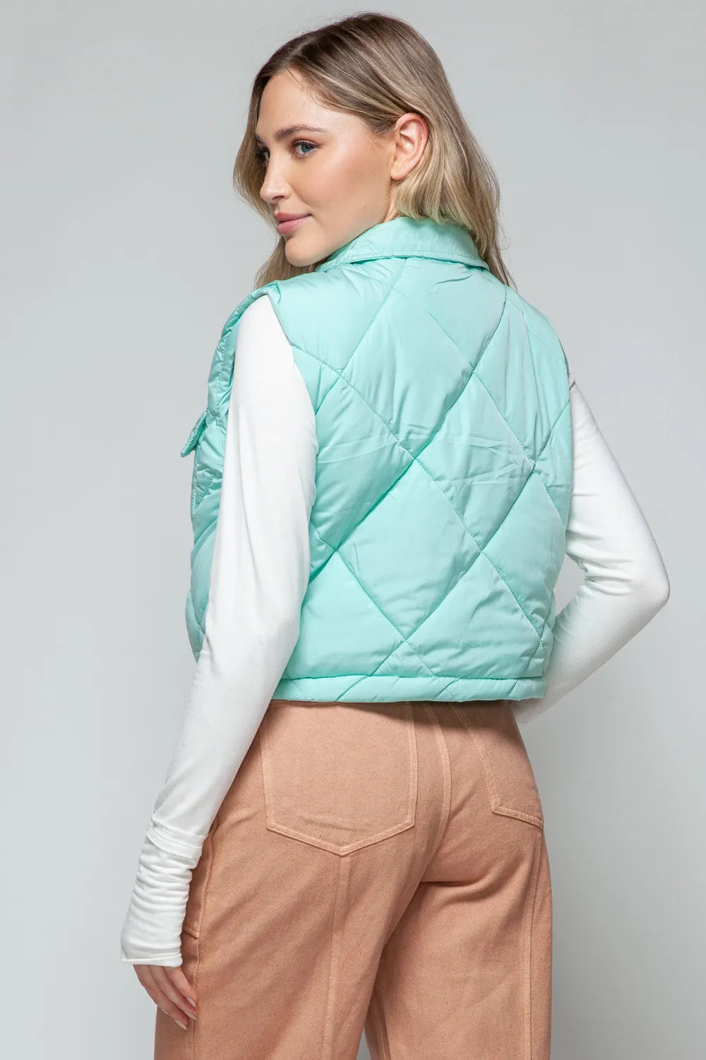 Snobbish Snap Down Quilted Crop Vest in Green, view 3