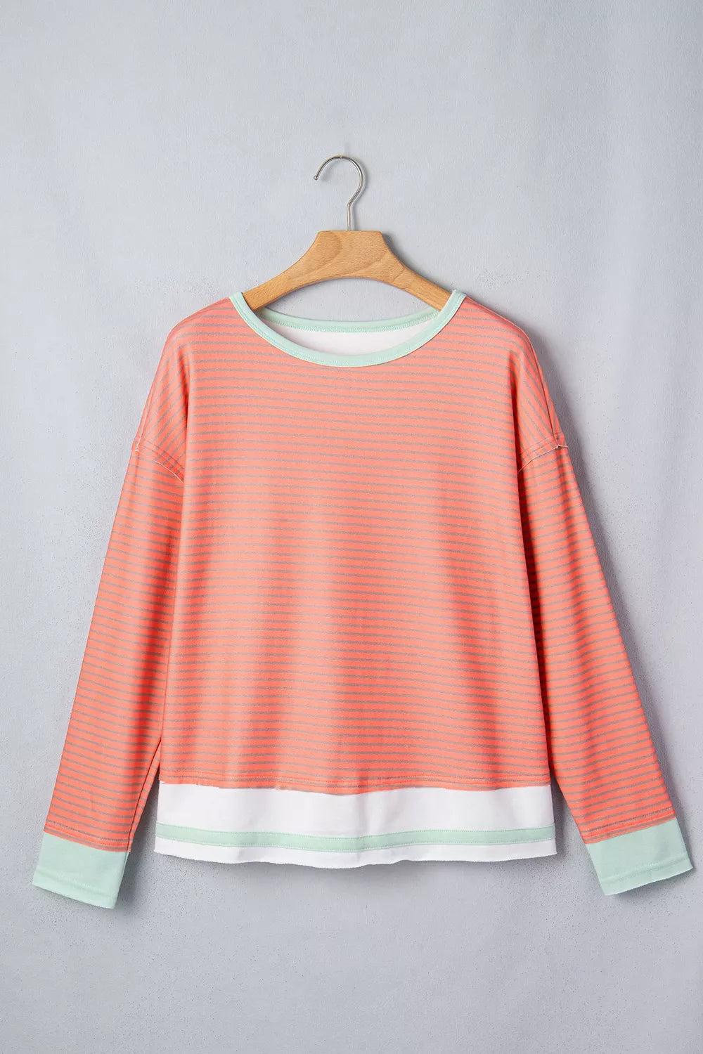 Stripe Colorblock Detail Raw Seam Long Sleeve Tunic Top in Burnt Coral, view 5