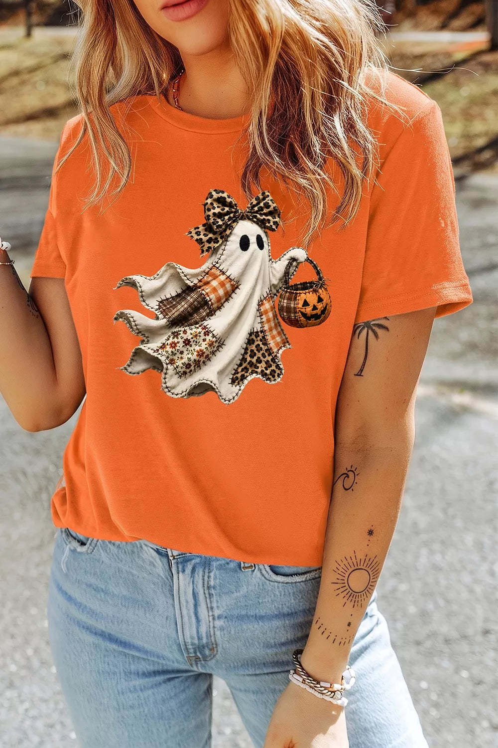 Halloween Ghost Graphic Short Sleeve T-Shirt in Orange, view 2
