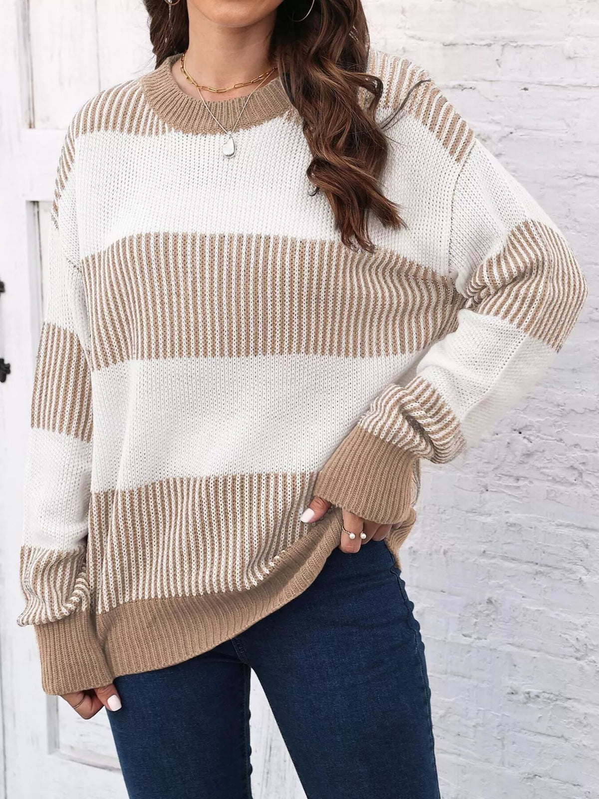 Full Size Striped Color Block Crew Neck Sweater Plus Size in Khaki