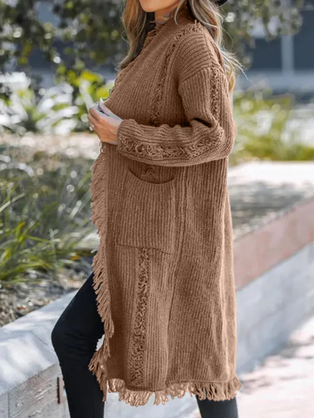 Fringe Open Front Long Sleeve Cardigan - Lilixa.store