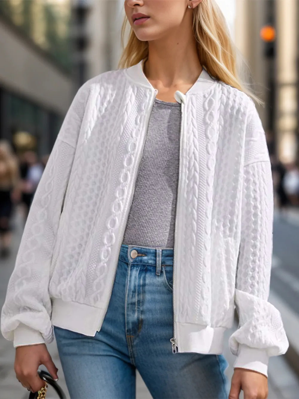 Textured Zip Up Dropped Shoulder Jacket in White