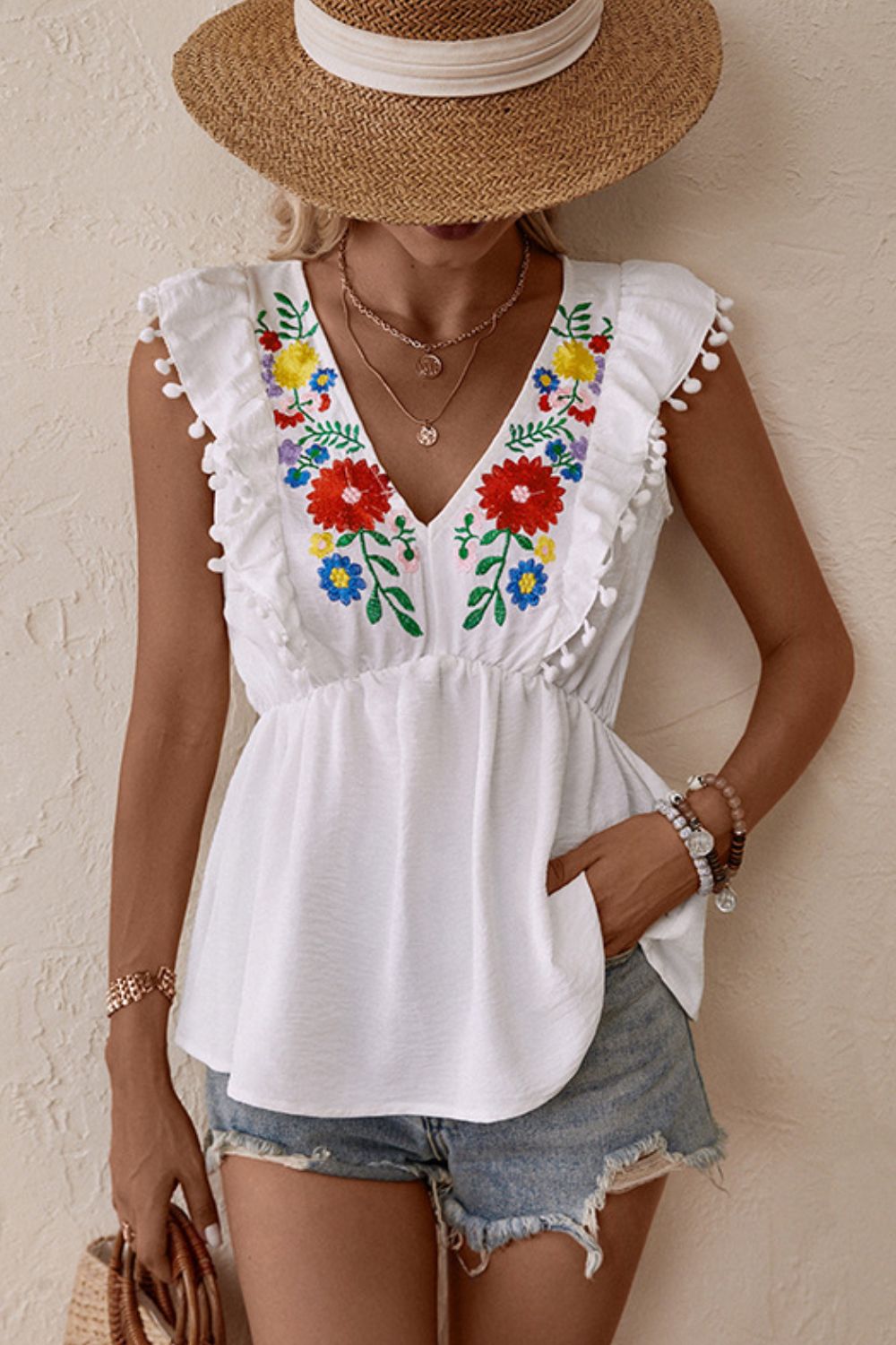 Perfee Embroidered Pom-Pom Trim Cap Sleeve Babydoll Top in White, view 3
