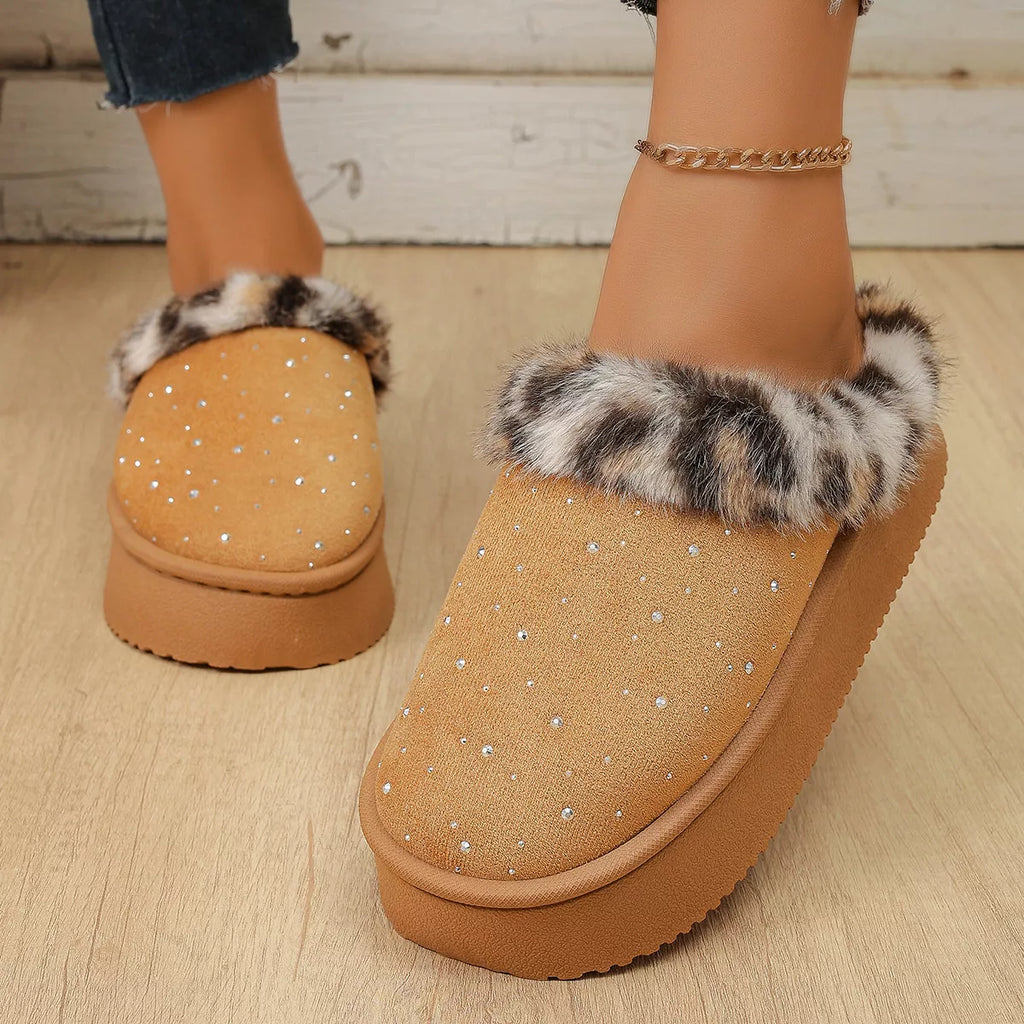 Rhinestone Faux Fur Platform Slippers, view 4