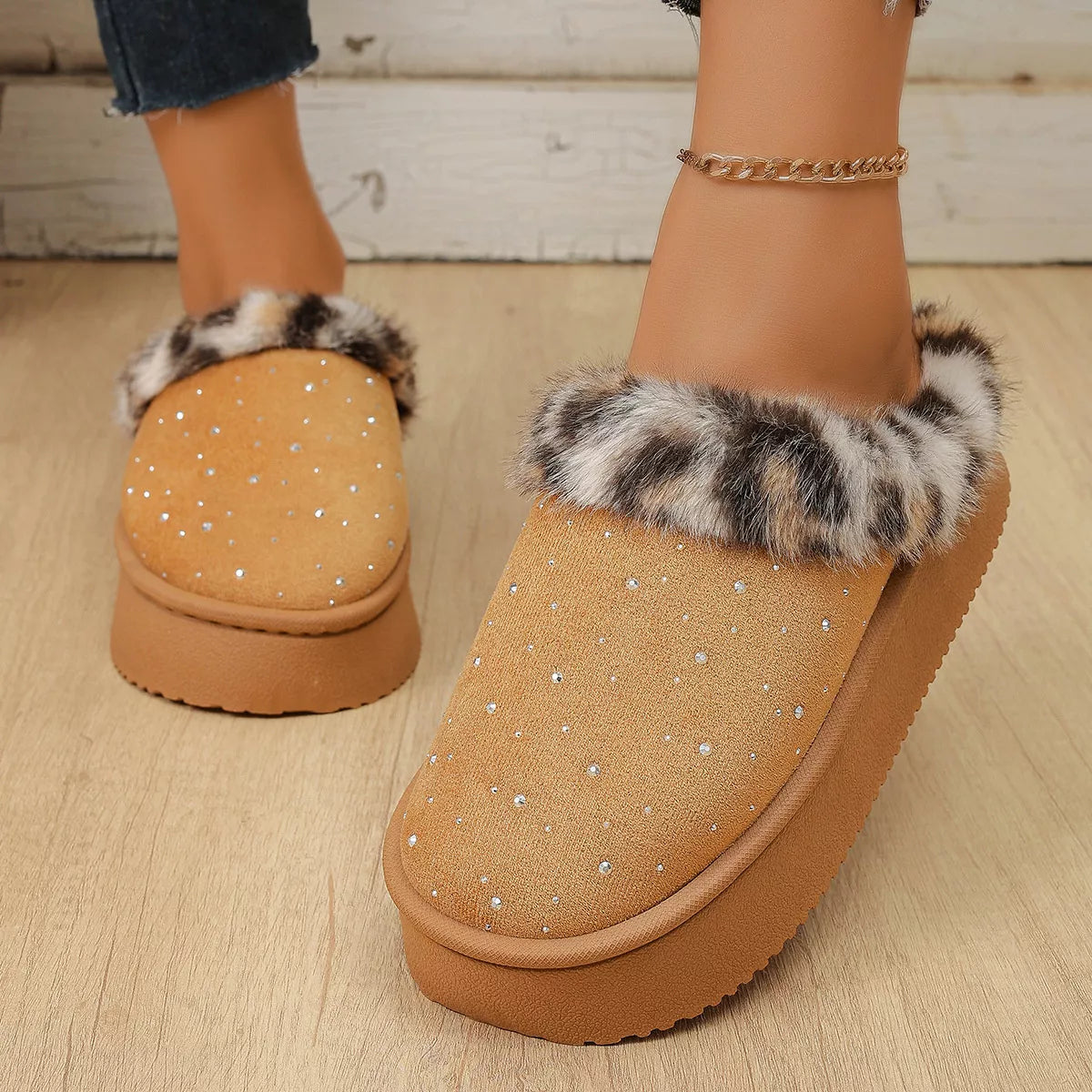 Rhinestone Faux Fur Platform Slippers - Lilixa.store