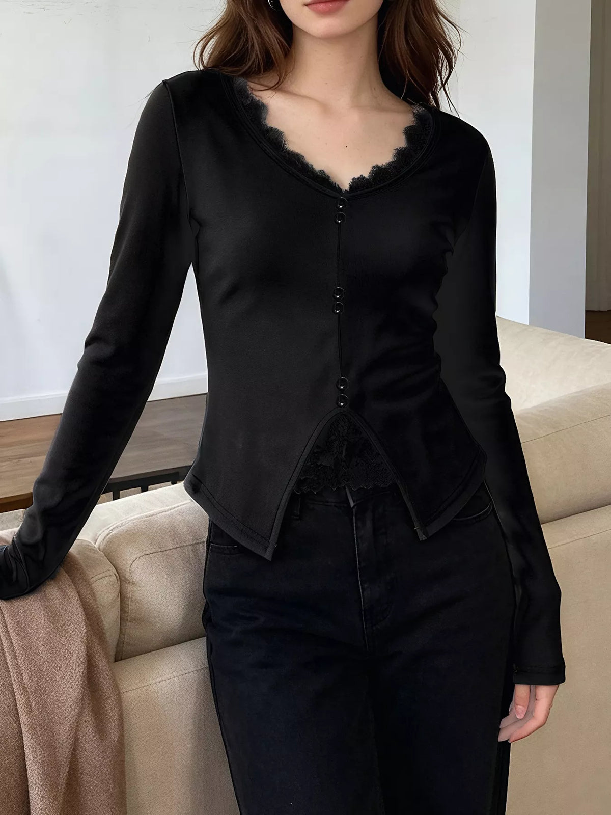 Lace Detail Long Sleeve T-Shirt - Lilixa.store