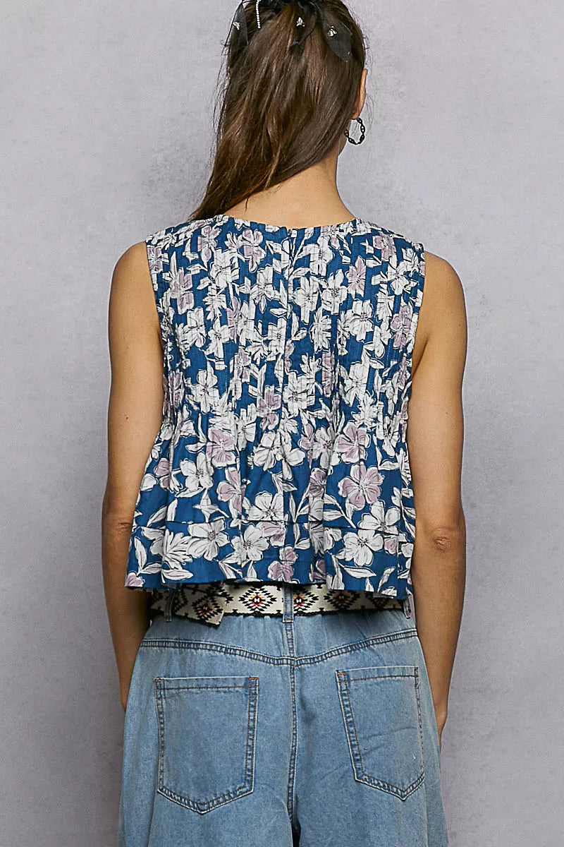POL Floral Round Neck Cropped Pintuck Tank - Lilixa.store