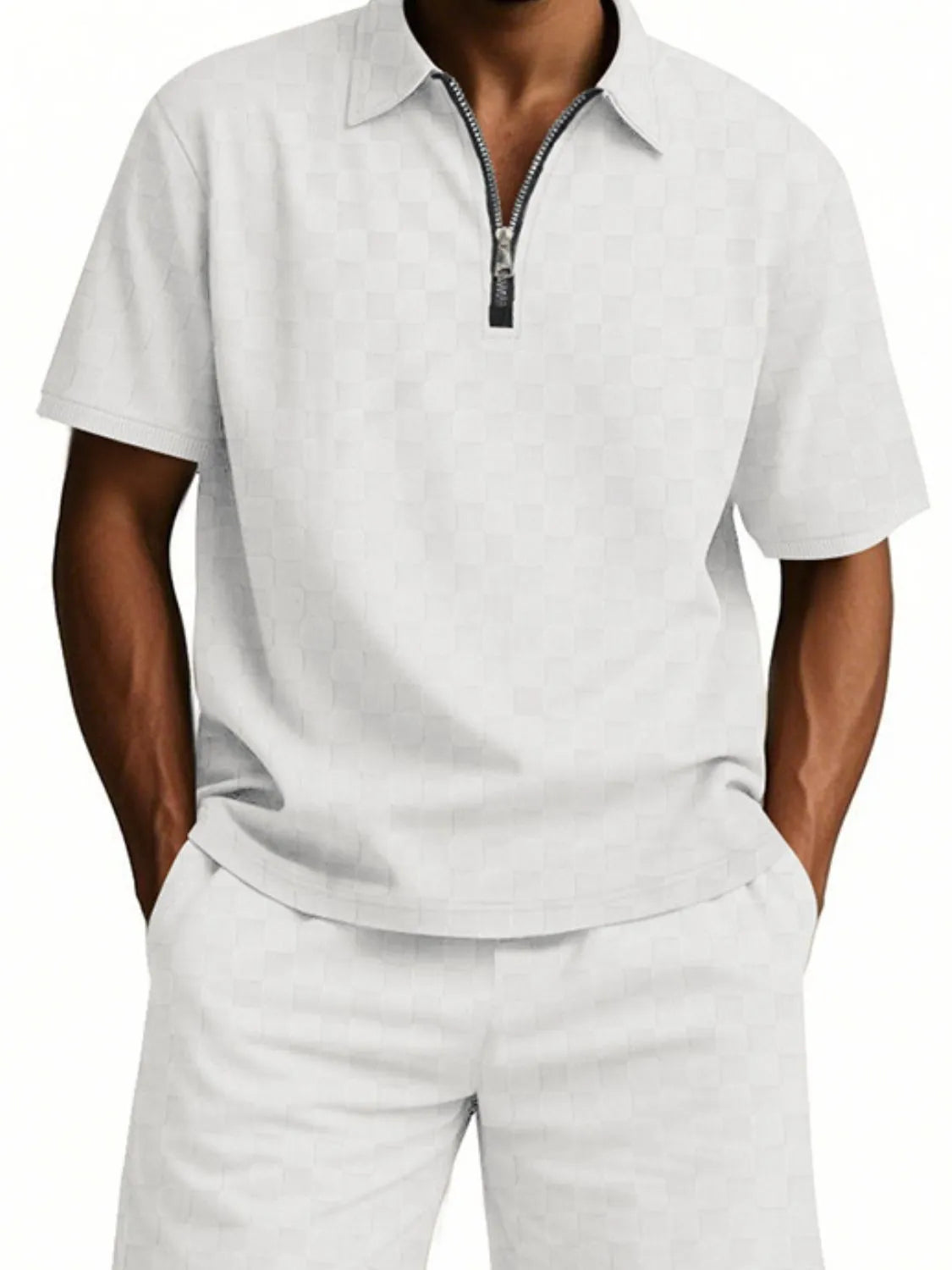 Men's Full Size Quarter Zip Short Sleeve Top and Shorts Set Plus Size in White