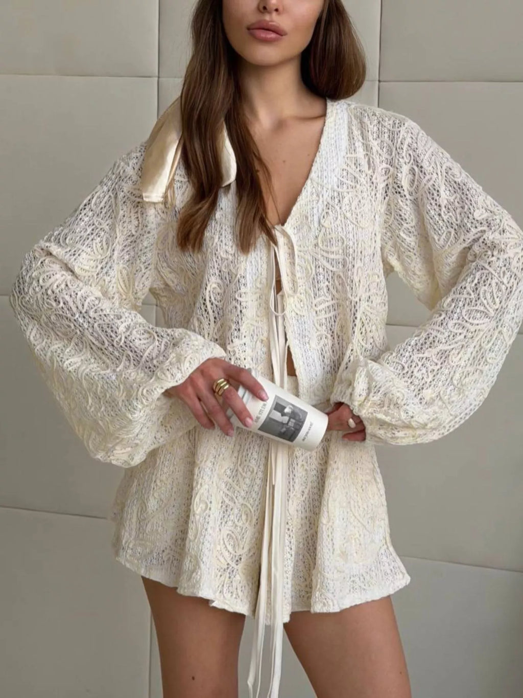 Lace Crochet Tie Front Top and Shorts Two-Piece Lounge Set - Lilixa.store