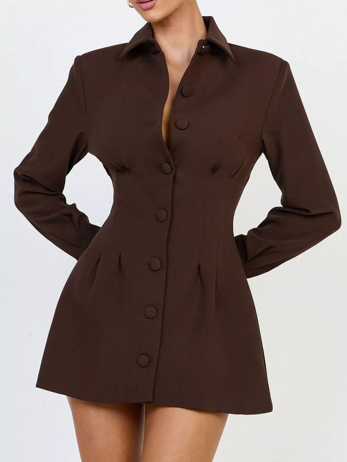 Corset-Style Button-Down Blazer Dress in Brown