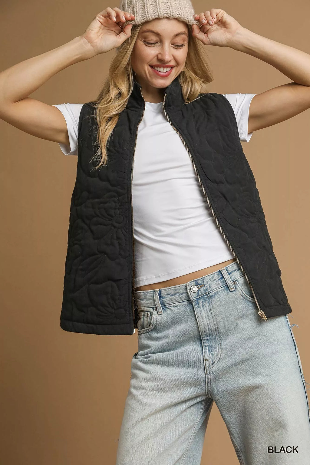Umgee Quilted Floral Zip Up Vest with Pockets - Lilixa.store