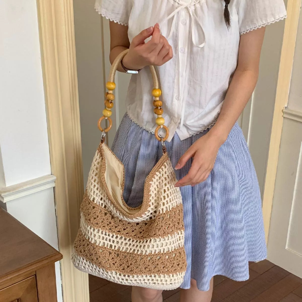 Crochet Knit Shoulder Bag in Caramel, view 5