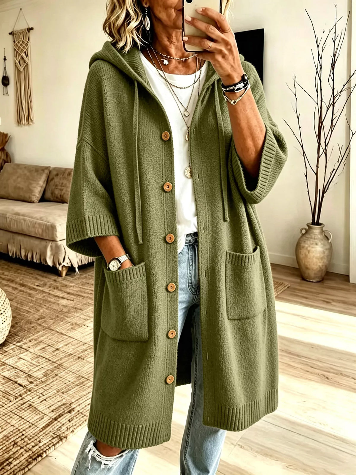 Hooded Button-Down Knit Cardigan with Pockets in Army Green