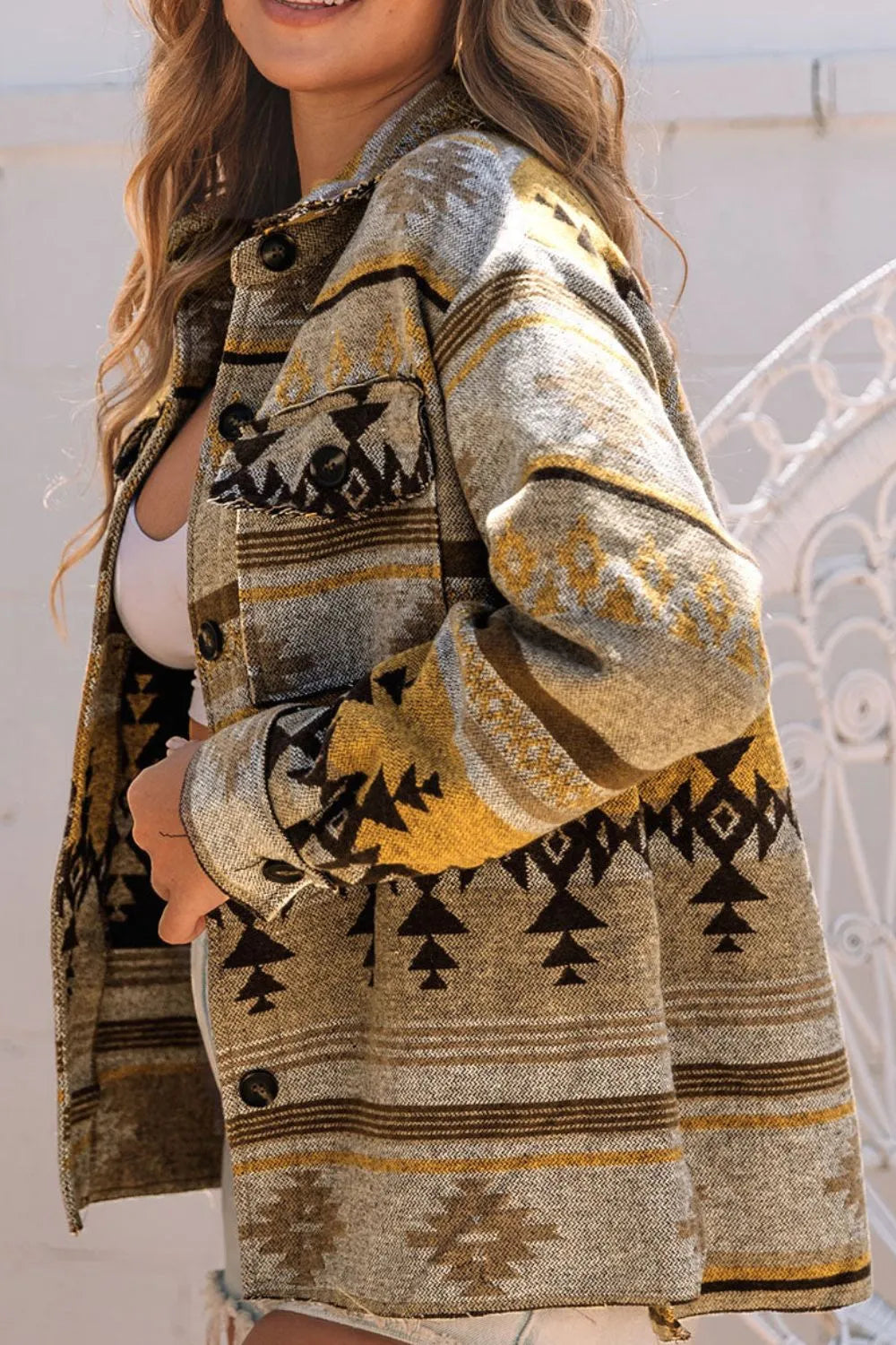 Pocketed Geometric Collared Neck Jacket in Camel, view 2