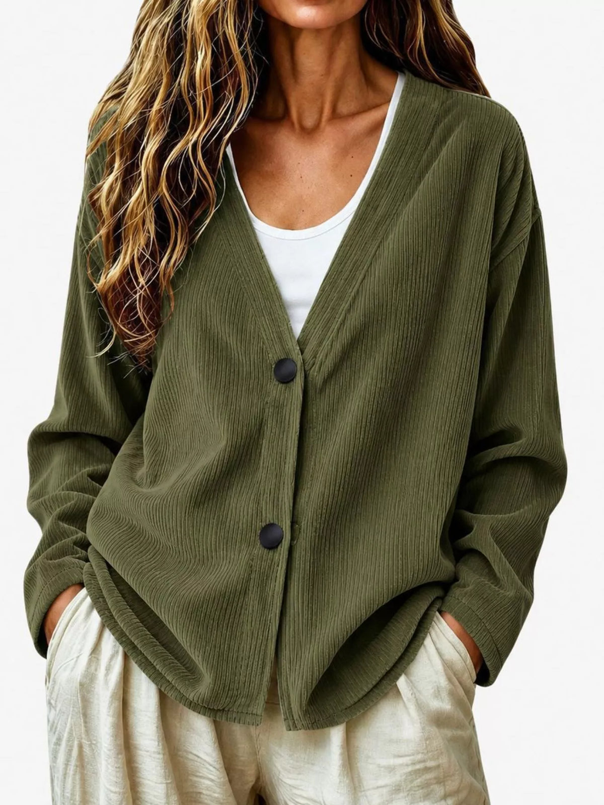 Casual Corduroy Button-Up Cardigan in Olive Brown
