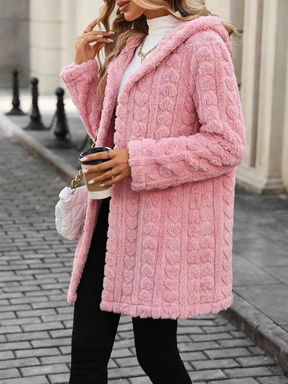 Heart Open Front Hooded Fuzzy Coat in Blush Pink, view 4