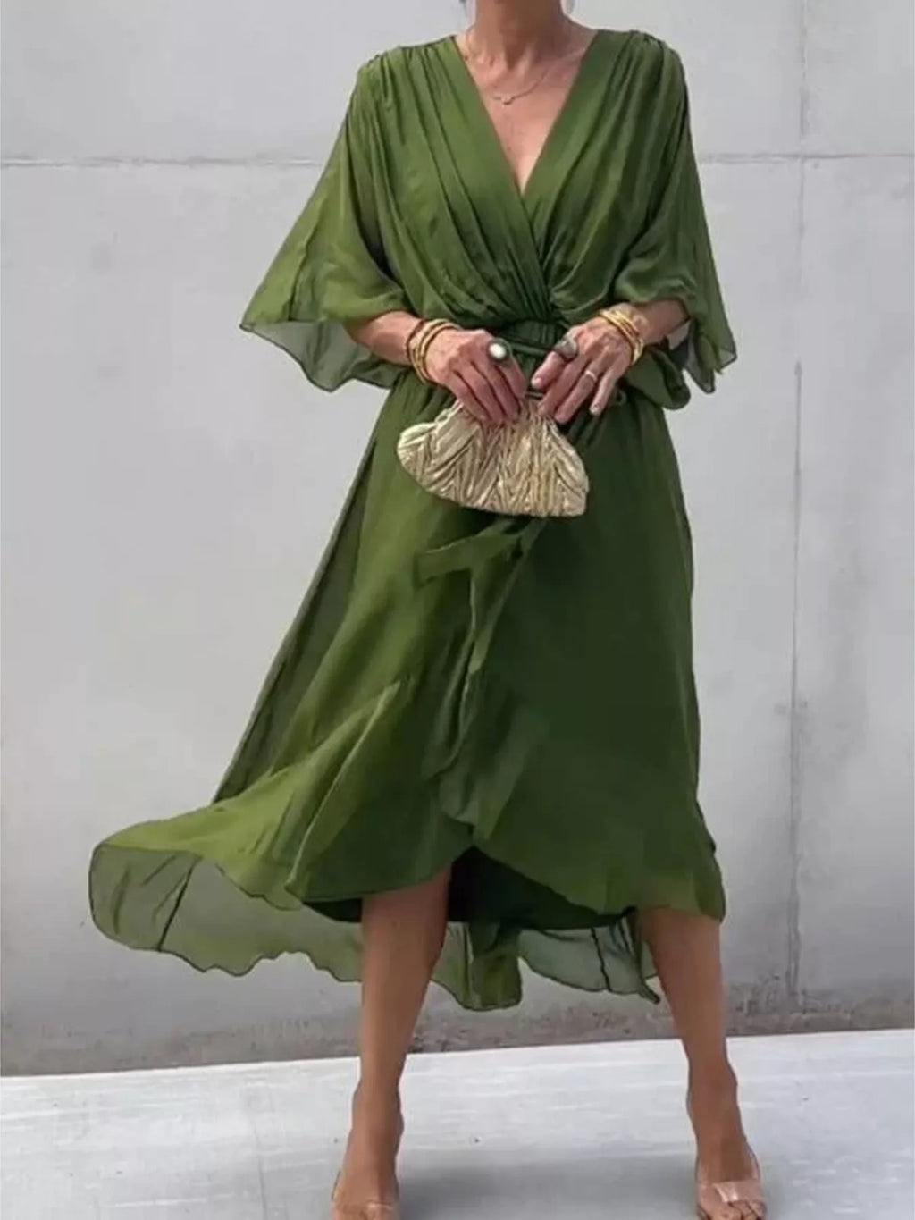 Full Size Chiffon Wrap Dress with Flutter Sleeves Plus Size - Lilixa.store