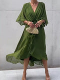 Full Size Chiffon Wrap Dress with Flutter Sleeves Plus Size - Lilixa.store