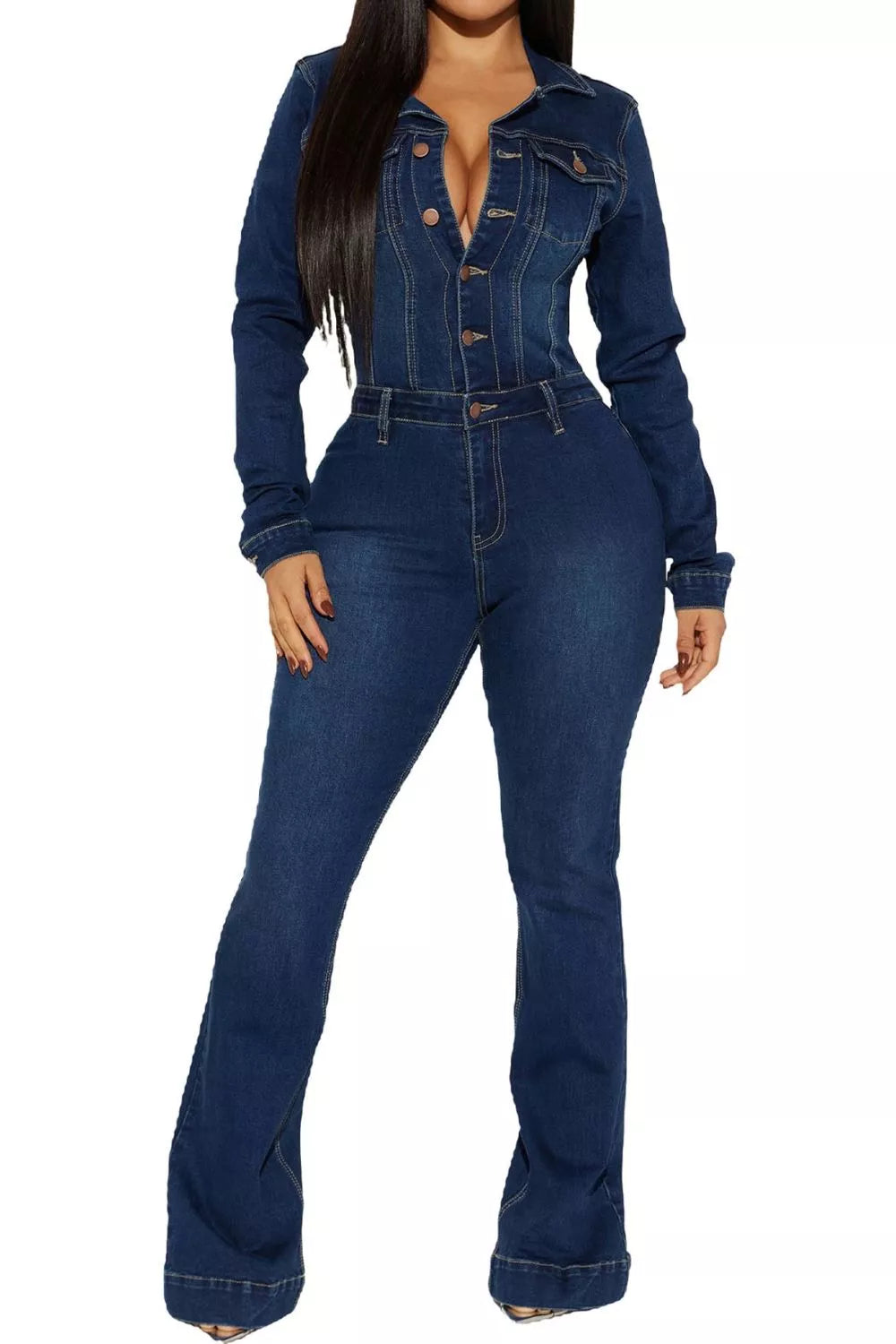 Slim-Fit Long Sleeve Denim Jumpsuit with Flared Legs in Dark Blue, view 3