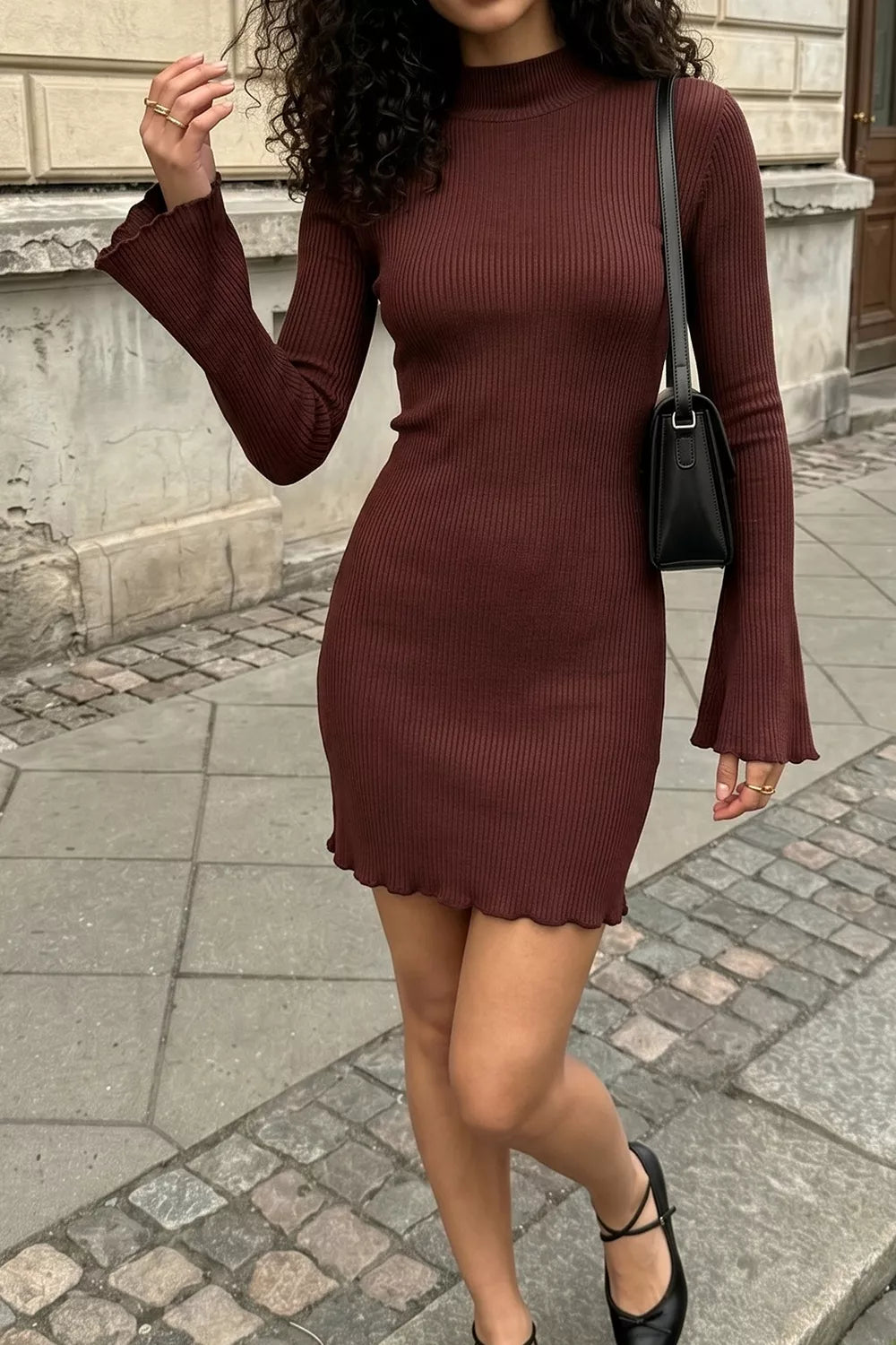 Mock Neck Ribbed Knit Bodycon Mini Dress - Lilixa.store