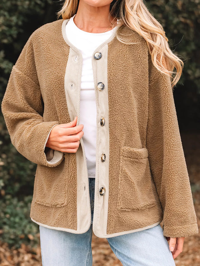 Puffy Plush Corduroy Edge Patchwork Jacket with Pockets in Camel