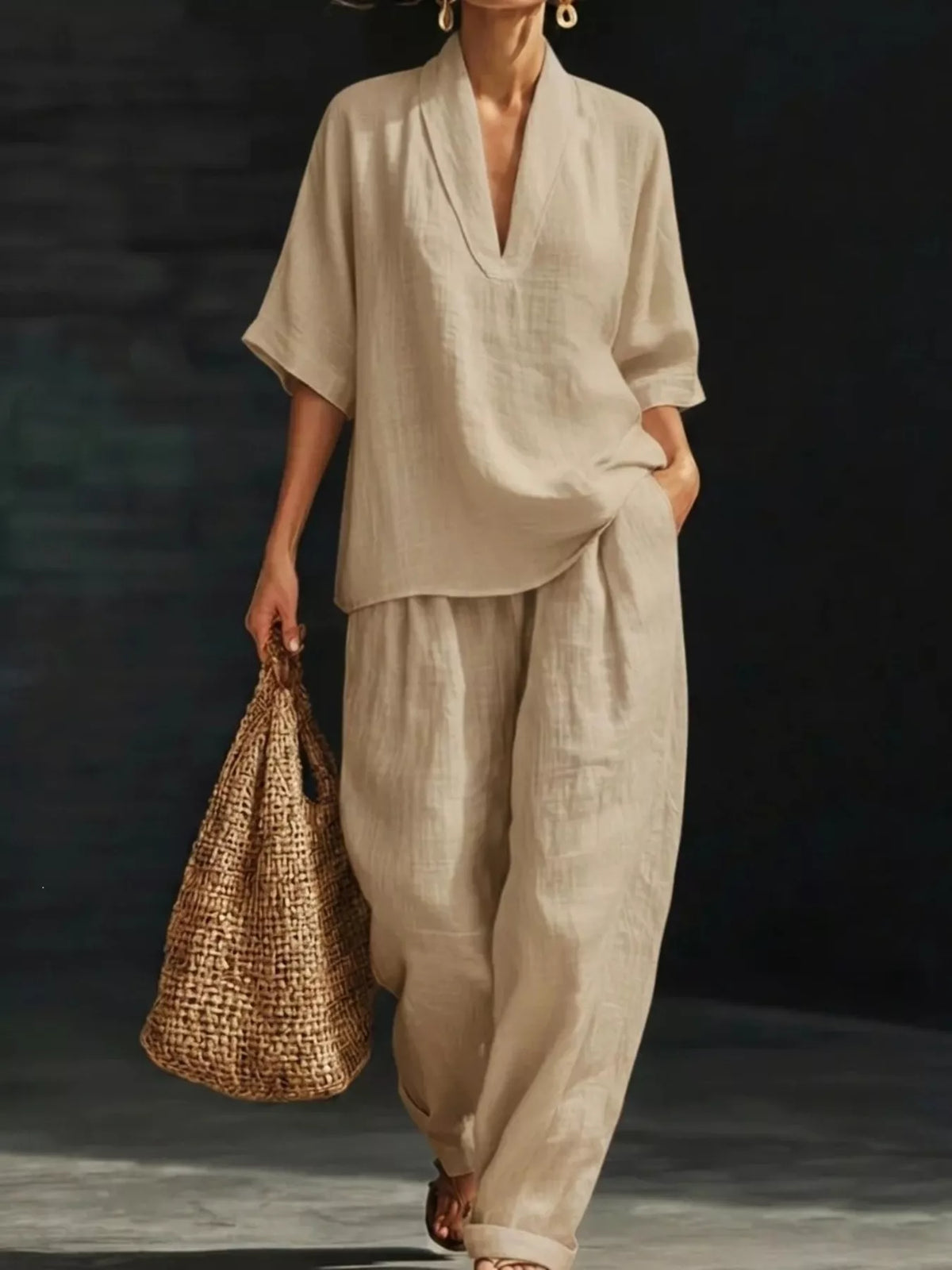 Full Size Half Sleeve Top and Wide Leg Pants Set Plus Size