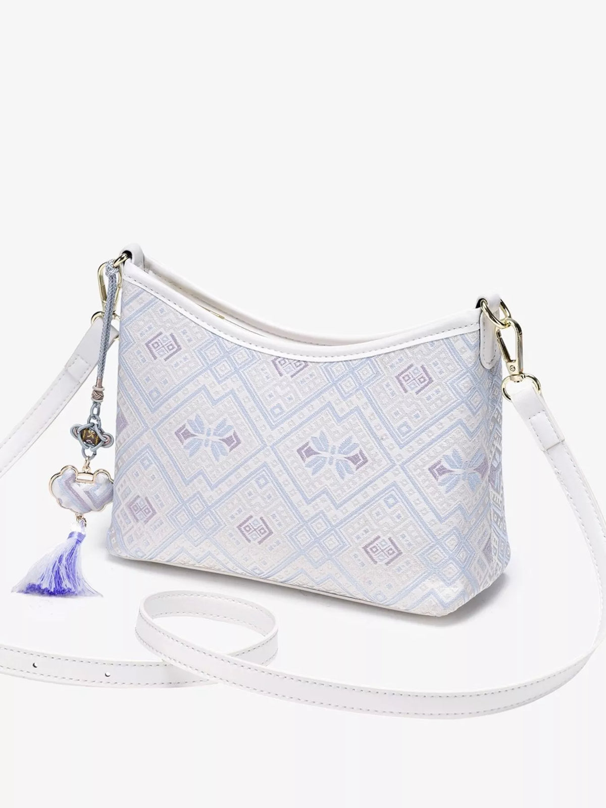 Geometric Pattern Jacquard Crossbody Bag with Tassel Charm in White, view 6