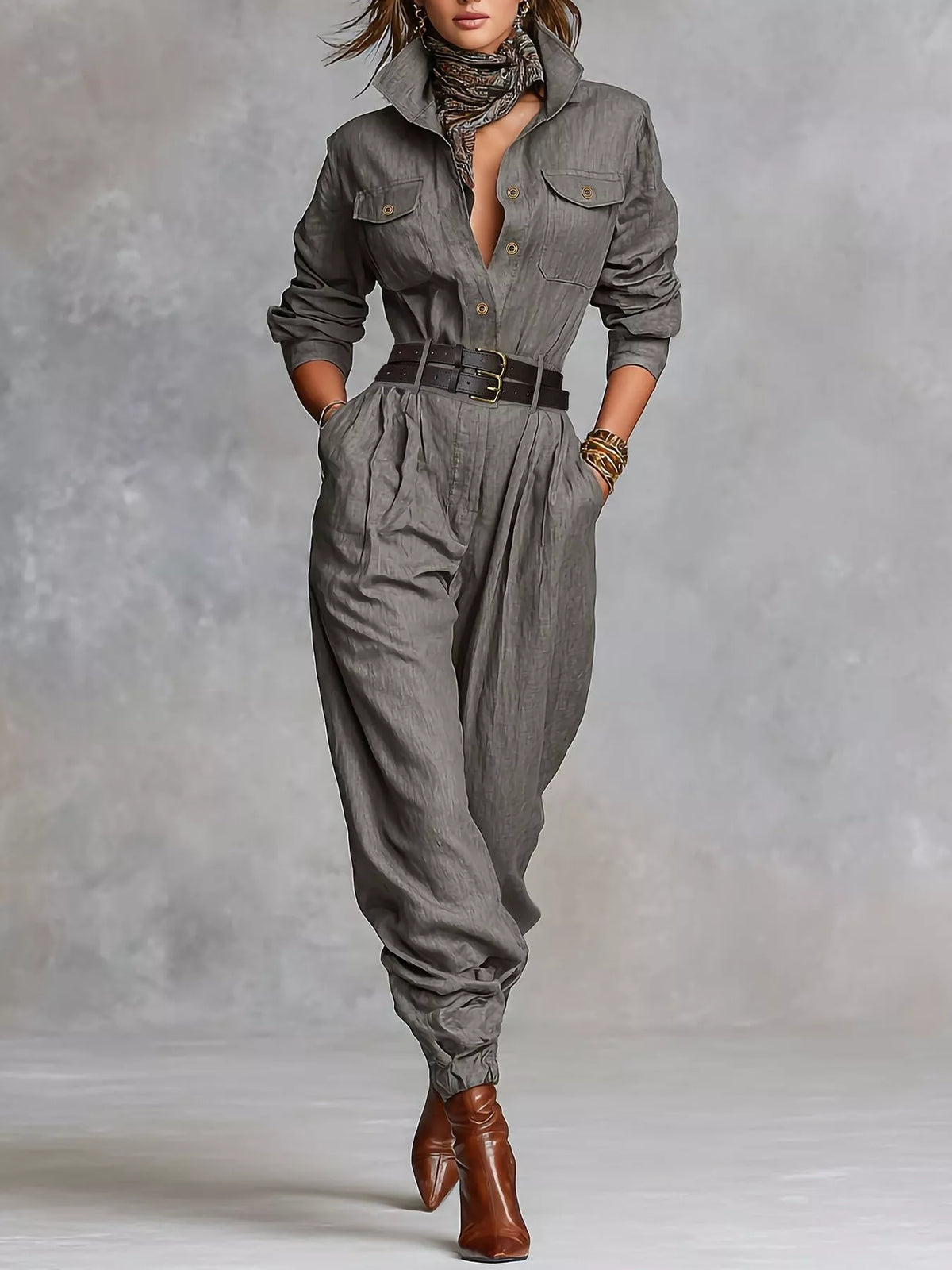 Button Front Long-Sleeve Jumpsuit - Lilixa.store