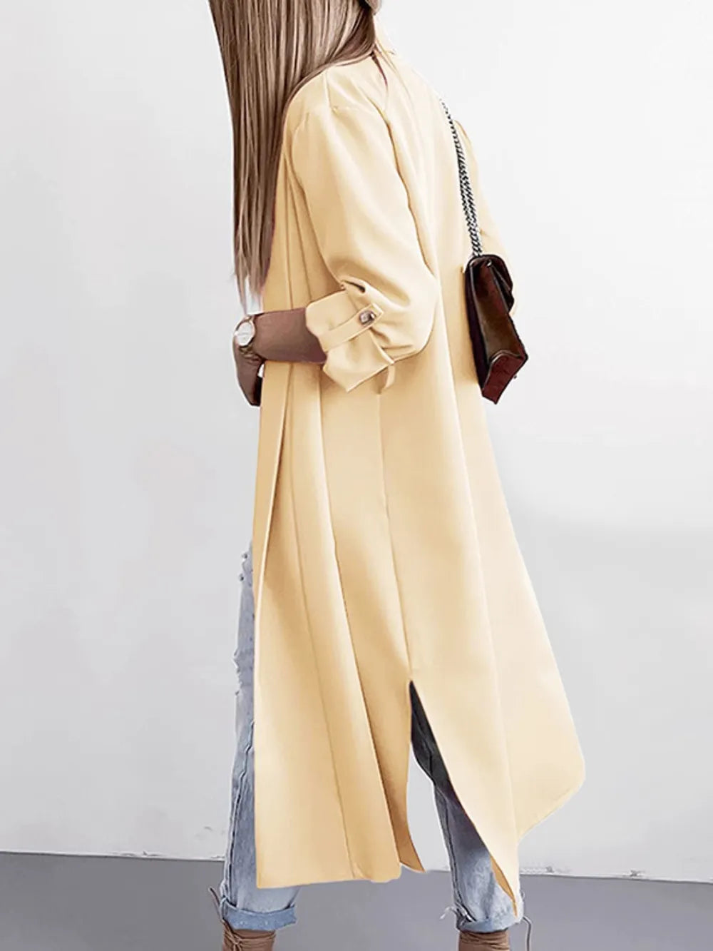 Slit Open Front Roll-Tab Sleeve Trench Coat - Lilixa.store