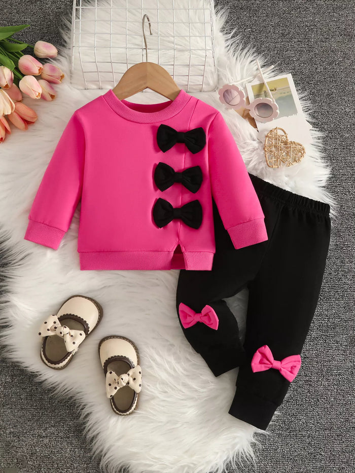 Children's Bow-Decorated Sweatshirt and Pants Set in Fuchsia Pink