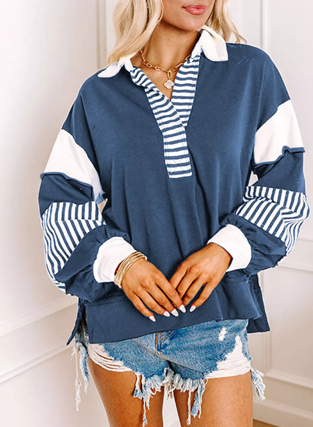 Color Block Striped Johnny Collar Sweatshirt - Lilixa.store