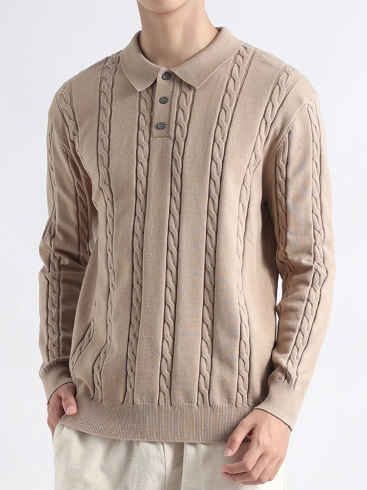 Men's Plus Size Cable-Knit Polo Collar Sweater - Lilixa.store
