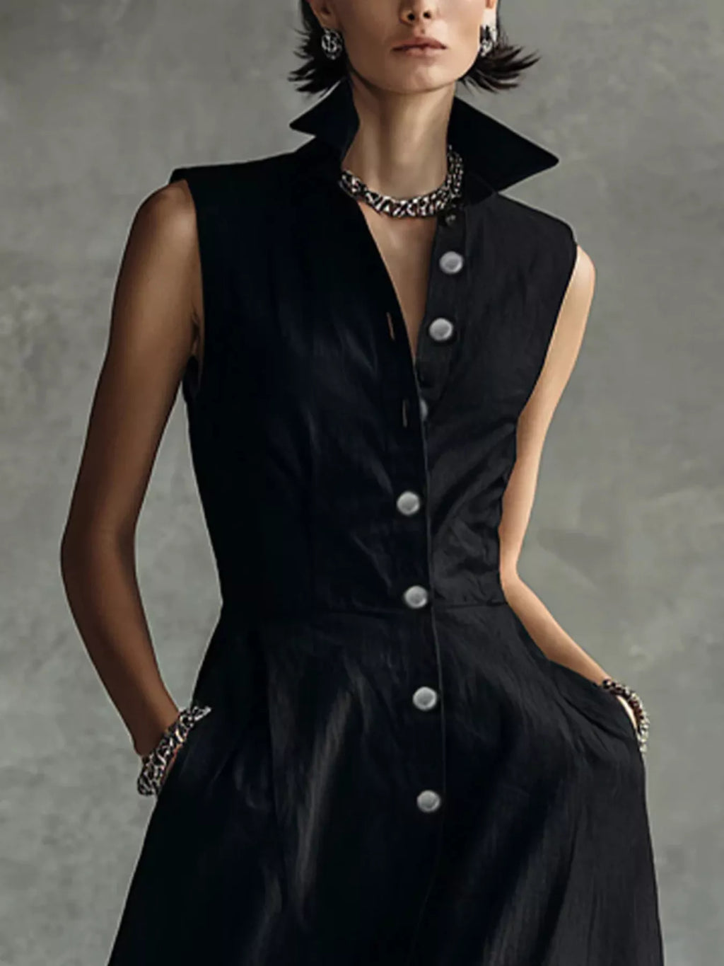 Sleeveless Button-Down Midi Shirt Dress, view 2
