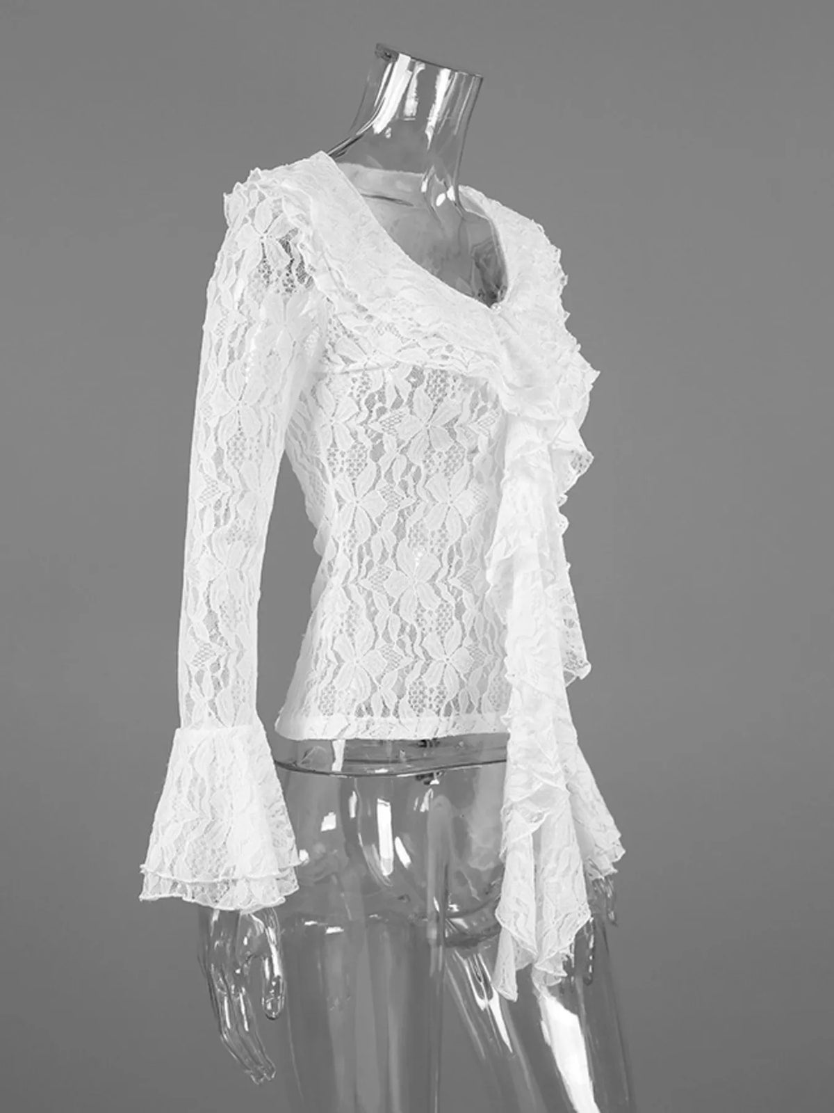Lace V-Neck Flare Sleeve Blouse in White, view 8