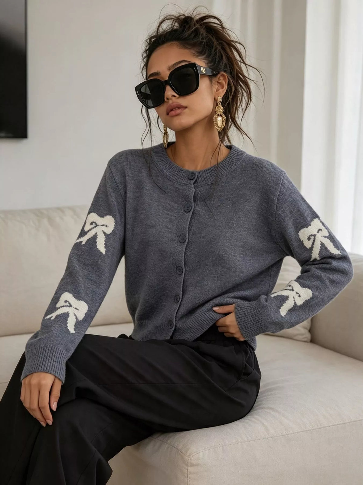 Floral Crew Neck Cropped Knit Cardigan, view 12