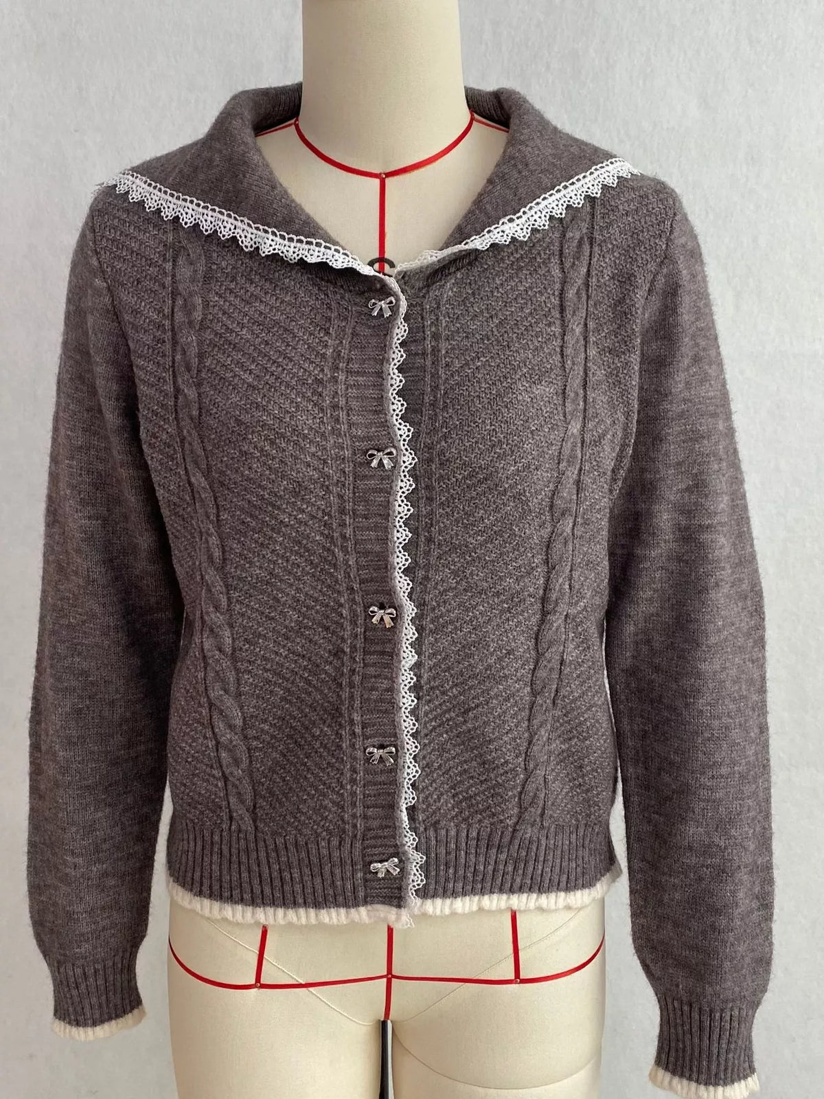 Cable-Knit Cardigan with Lace Trim, view 8