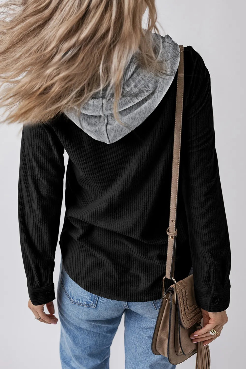 Drawstring Button Up Long Sleeve Hooded Jacket, view 8