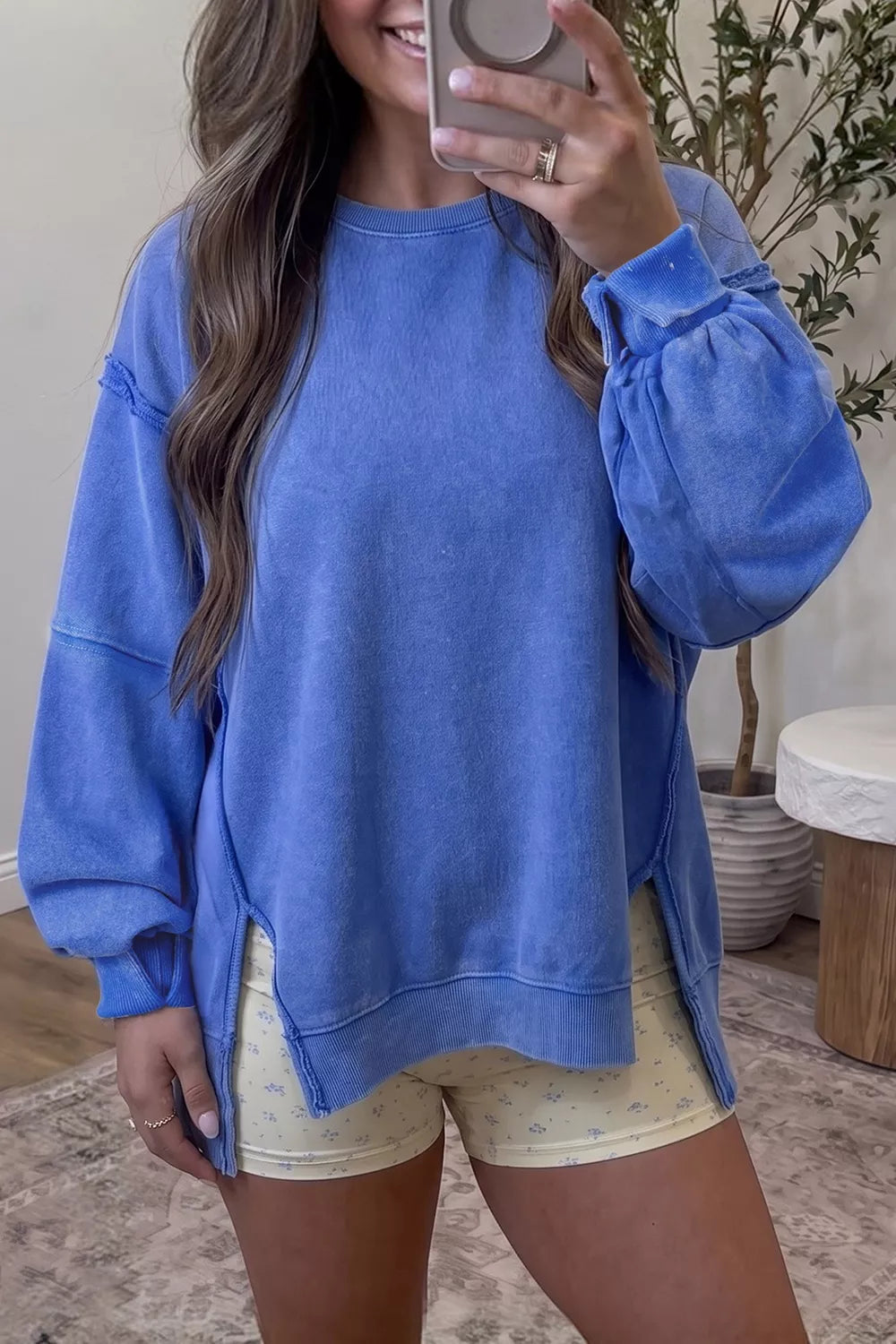 Mineral Wash Split Hem Loose Tunic Sweatshirt - Lilixa.store