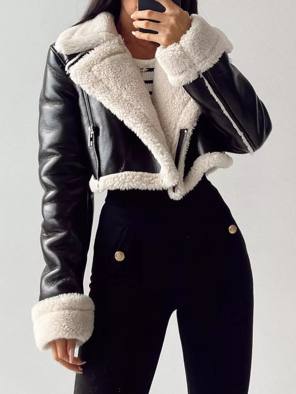 Collared Neck Long Sleeve Plush Cropped Jacket in Black/White