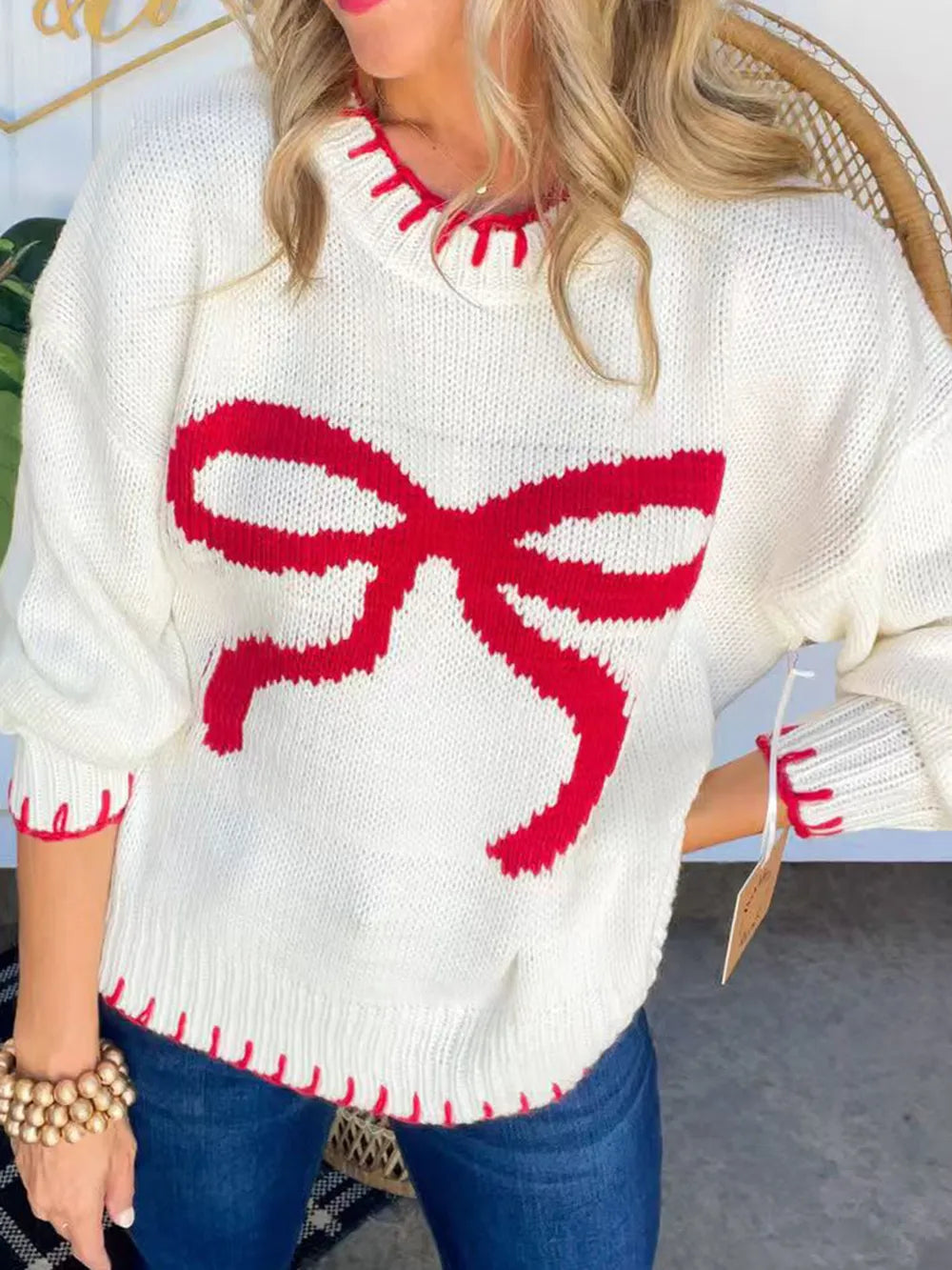 Bow Round Neck Long Sleeve Sweater - Lilixa.store