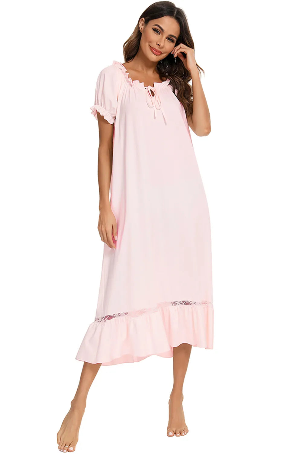 Lace Detail Short Sleeve Lounge Dress - Lilixa.store
