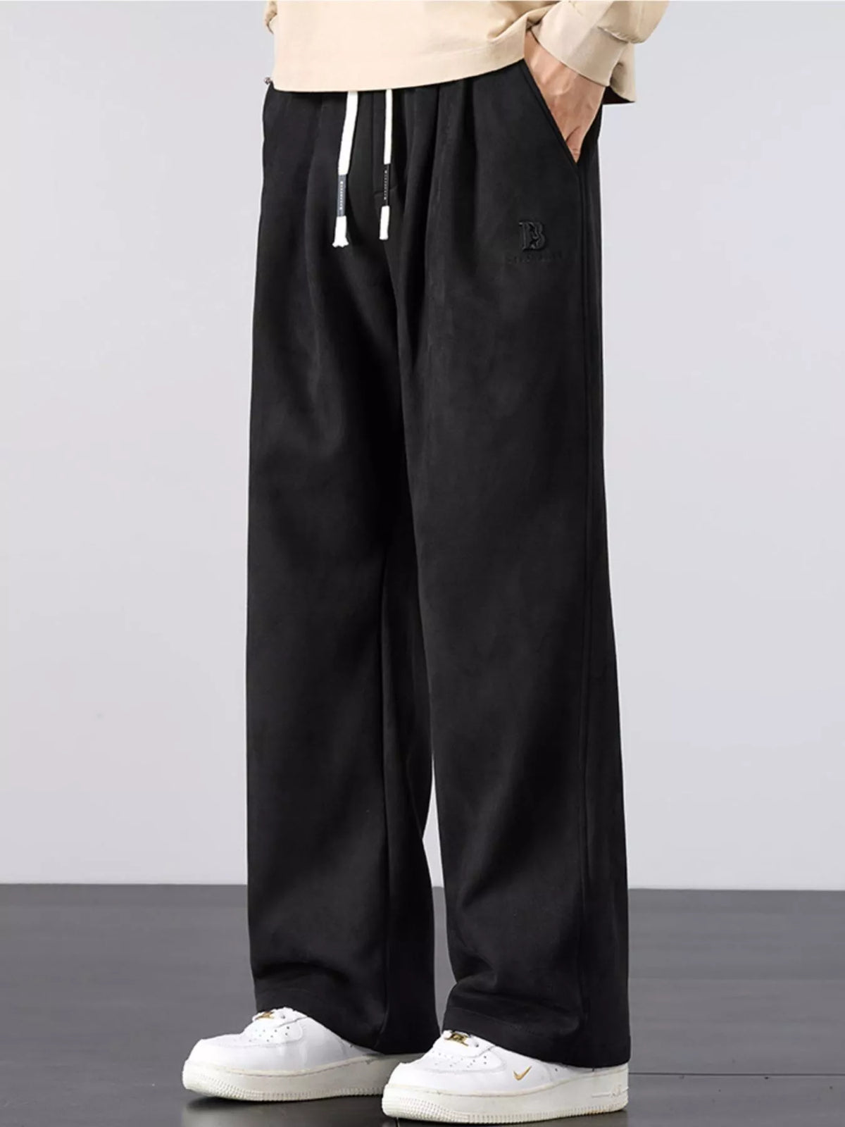 Men's Plus Size Casual Loose-Fit Drawstring Pants in Black
