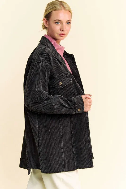 Davi & Dani Washed Corduroy Raw Hem Button Up Jacket in Black, view 5