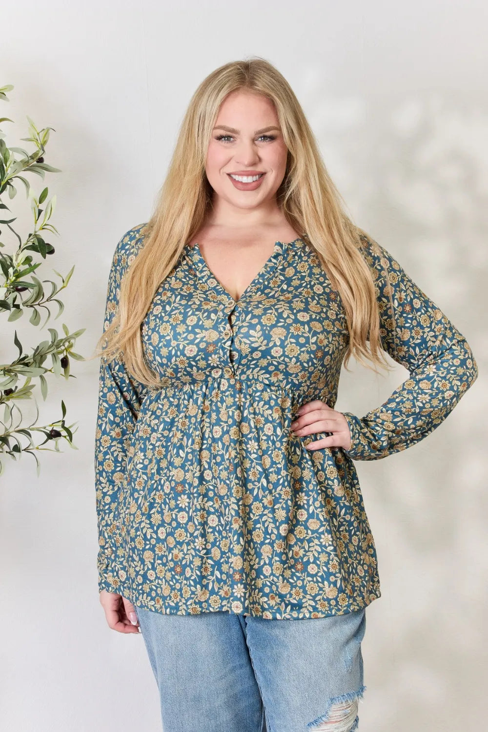 Heimish Full Size Floral Half Button Long Sleeve Blouse - Lilixa.store