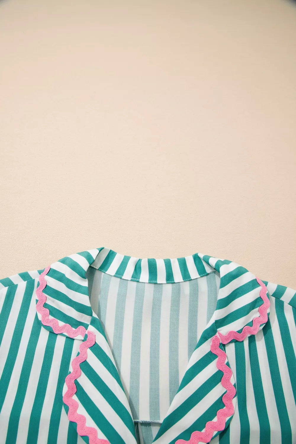 Stripe Contrast Ricrac Trim Long Sleeve Shirt Drawstring Ruffled Pajama Short Set - Lilixa.store