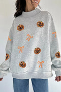 Sequin Pumpkin Face Bow Exposed Seam Halloween Sweatshirt - Lilixa.store