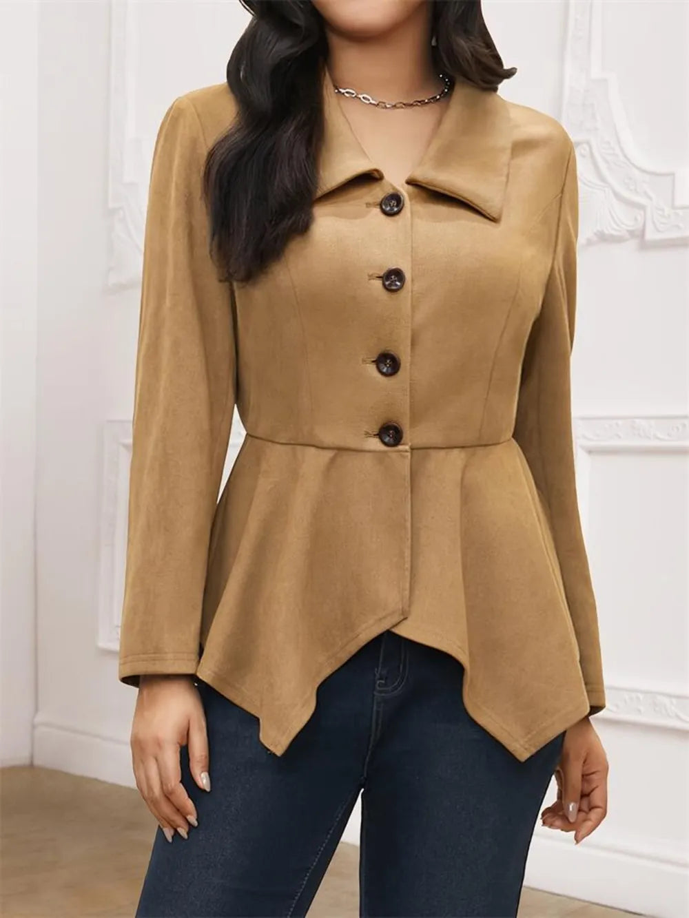 Handkerchief Hem Button Up Collared Neck Jacket in Camel, view 4