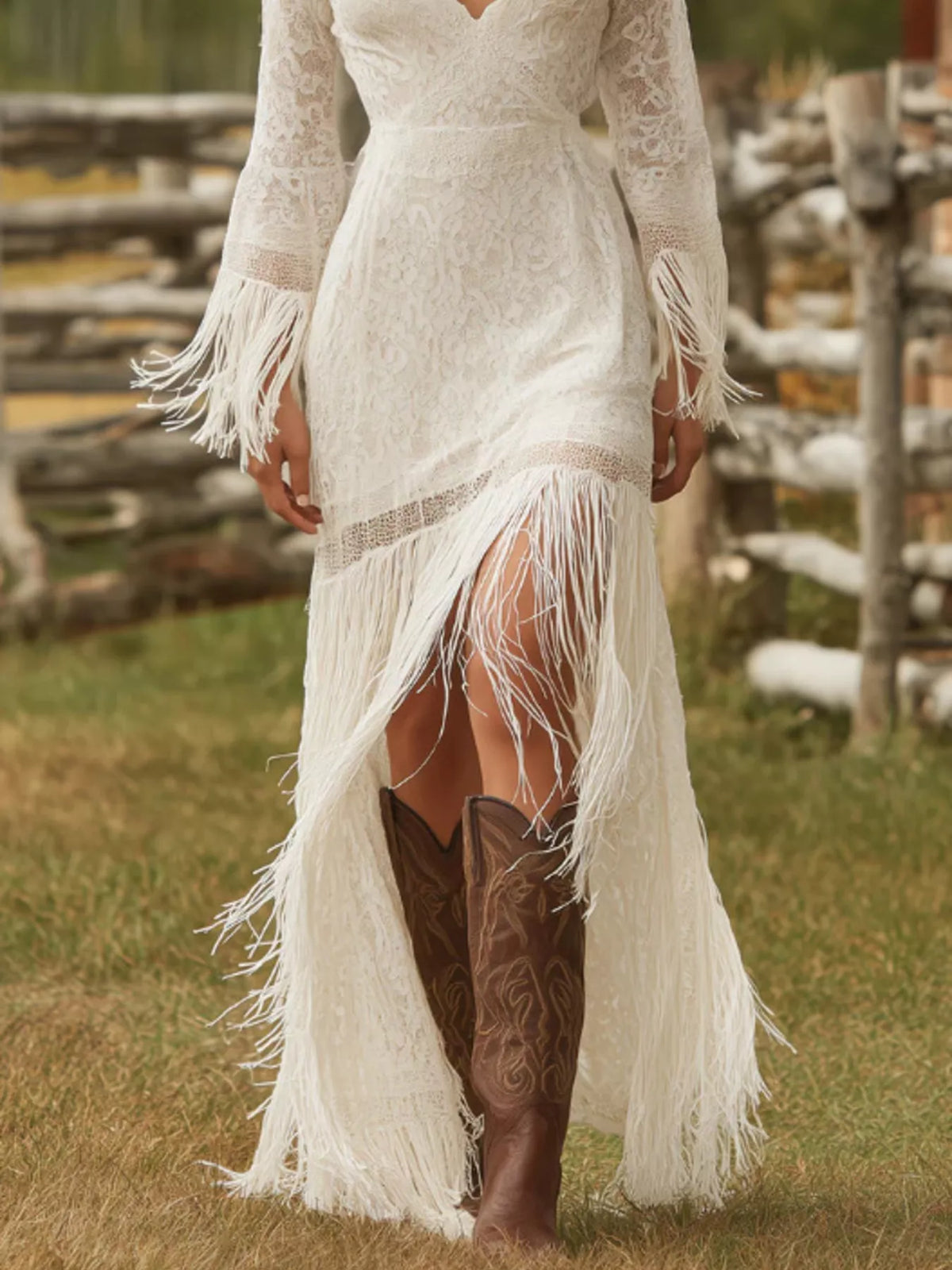 Lace Fringe V-Neck Maxi Dress